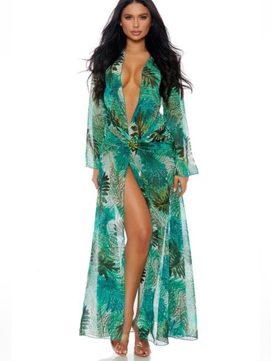 Forplay Dresses & Skirts - NWT Tropic Of Discussion Green Tropical Print Sheer Maxi Dress L